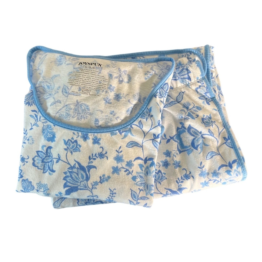 Joyspun Womens XL Blue White Floral Pajama Set Short Sleeve Top Pants